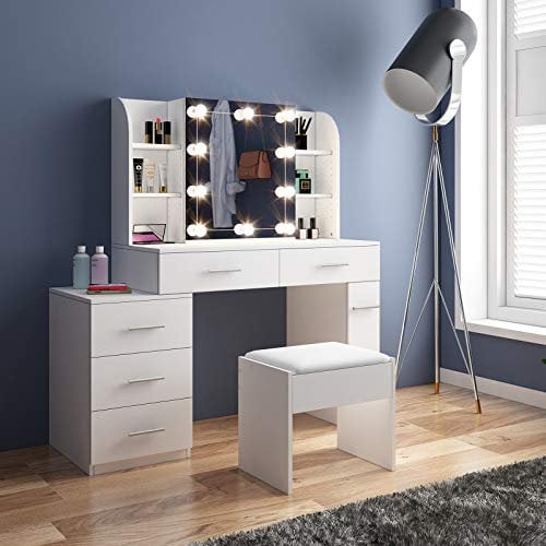 White Vanity Makeup Dressing Table Set with Sliding Mirror & Light Bulbs, 5 Drawers & 6 Shelves, Modern Cosmetic Dresser for Girls & Women, Bedroom Furniture