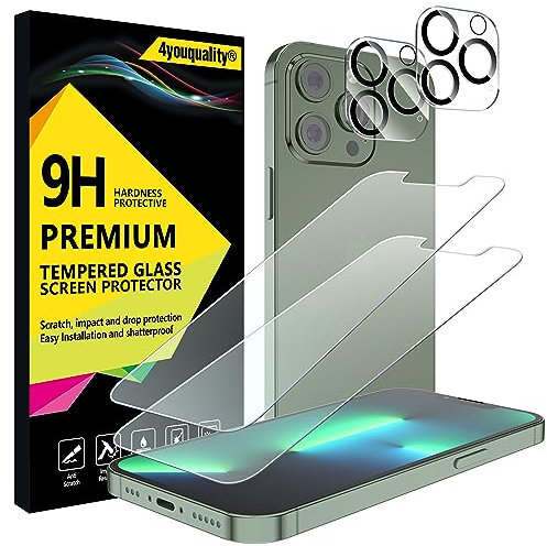 4youquality [4-in-1 Screen Protector for iPhone 13 Pro with Camera Lens Protector, Tempered Glass Film, 2-Pack Each, [LifetimeWarranty][Impact-Resistant][Anti-Scratch][Ultra-Transparent]