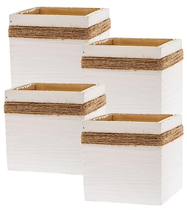 Jute Rope Wood Planter (5 x5) Whitewashed Wooden Boxes l Garden Centerpiece Display l Wedding Flowers Holder (Pack of 4) (w050505.12)