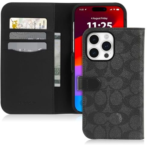COACH Wallet Folio iPhone 15 Pro Hülle, kompatibel mit MagSafe - Signature Charcoal