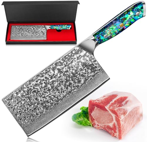 H.maker Chinesisches Damast Hackmesser Küchenmesser, 17.6 cm Professionelles Asiatisches Fleischmesser, 67 Schichten Damaststahl Fleischbeil Damast Kochmesser mit Ergonomischer Griff
