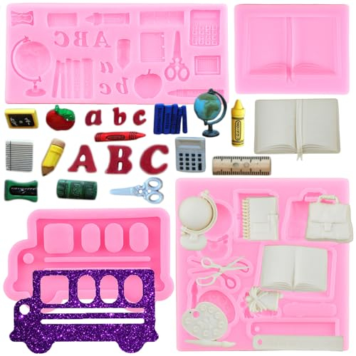 RFGHAC Lot de 4 moules en silicone pour la rentrée scolaire, sac de bus, livre, ciseaux, stylo à dessin, palette, crayon, bonbons, fondant, moule pour décoration de gâteaux, décoration de cupcakes,