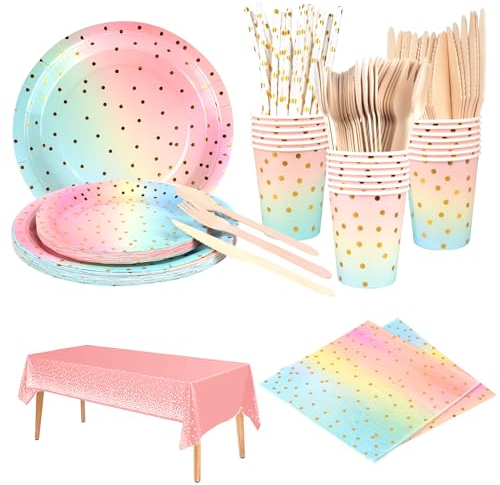 MEYDLL 161 Stück Partygeschirr Set, Pappteller Kindergeburtstag, Pappteller Geburtstag, Party Geschirrset Teller Tischdecke Becher Servietten zum Geburtstag, Hochzeiten, Jubiläums (Rosa-Blaues-Gold)