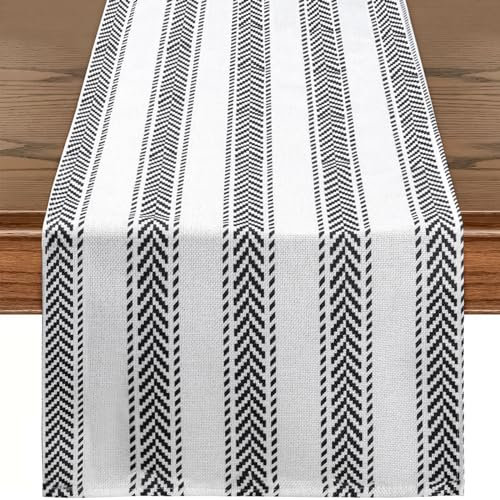 RUSPEPA Tischläufer mit schwarz-weiß gestreiftem Leinen-Tischläufer für den täglichen Gebrauch, Küche, Esszimmer, Partytisch – 33 x 183 cm – Schwarz und Weiß
