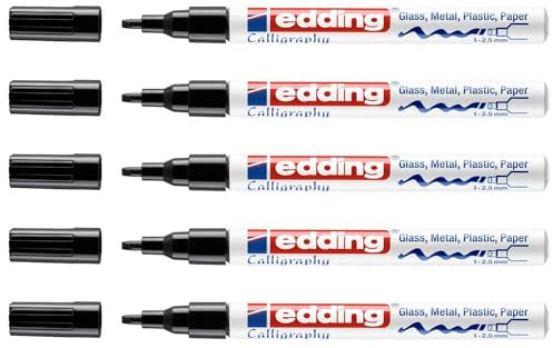 Edding Set mit 5 Markern, glänzend, CALLIGRAPHIE 753, Schwarz, mittlere Spitze, 1 – 2,5 mm
