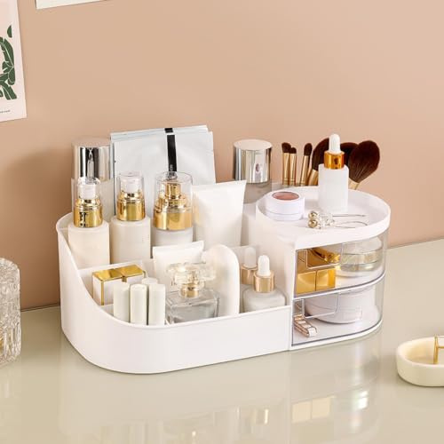 White Makeup Organiser with Drawer, Multifunctional Cosmetic Storage Box, Large Cosmetic Brush Holder, Skincare Organiser for Office, Vanity, Bathroom and Bedroom Desk