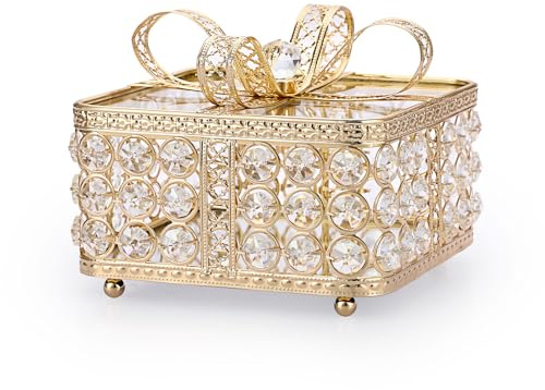 Hipiwe Crystal Mirrored Jewelry Box Gold Treasure Box Bow-knot Keepsake | Jewelry Trinket Organizer Home Decor Ring Earrings Necklace Storage Holder Keepsake Box, Large