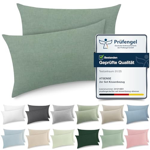 ATsense 2er Set Kissenbezug 50x70 cm - 100% Gewaschene Baumwolle, Einfarbig Grün Kopfkissenbezug mit Reißverschluss, Oeko-TEX Zertifiziert Weich, Nicht Lleicht Verformbar
