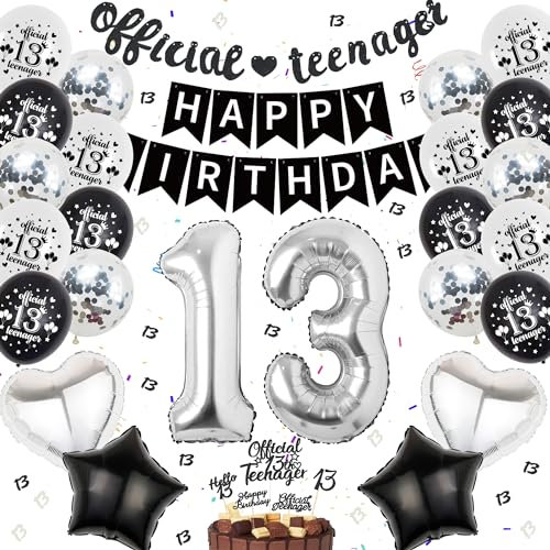Luftballon 13. Geburtstag Dekoration Schwarz Silber - Official Teenager Banner, Happy Birthday Banner, Geburtstagsdeko Tortendeko für 13 Jahre Mädchen Junge