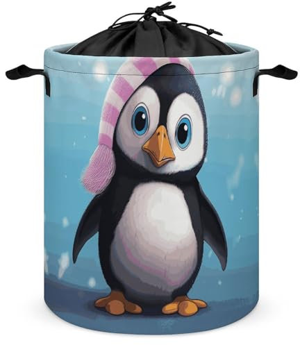 Wäschekorb, freistehend, groß, hübscher Pinguin-Wäschekorb mit festem Kordelzug, zusammenklappbar, schmutzige Kleidung, Aufbewahrungstasche für Schlafzimmer