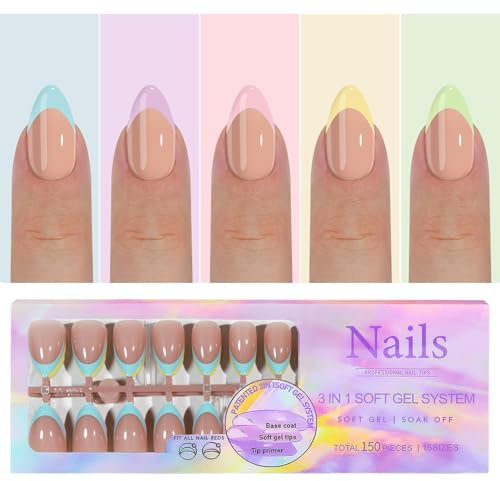 GZMAYUEN Press On Nails Square - 150Pcs Pastel Tip False Nails, 3 IN 1 Soak Off Spring Summer Macaroon Short Nail Fake Tips for Gel Extensions in 15 Sizes