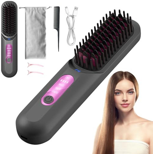 Afenau Cordless Hair Straightener Brush, 5200mAh Portable USB Straightener, Mini Hot Comb for Women's Travel (Grey)
