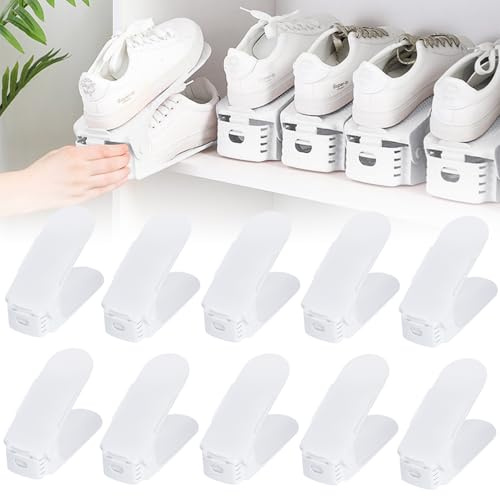 XINZI Einstellbare Schuhregale 10 Stück PP-Material Schuhorganizer rutschfest Schuhschlitze Set Schuhhalter Doppelschicht Schuhstapler Schuh-Organizer Platzsparend Schuhablage, Weiß