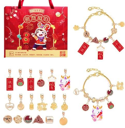 Décorations de Noël pour le Nouvel An chinois - 24 pièces - Calendrier de l'Avent - Bracelets de compte à rebours - Bracelet surprise festif - Calendrier de l'Avent pour adolescentes