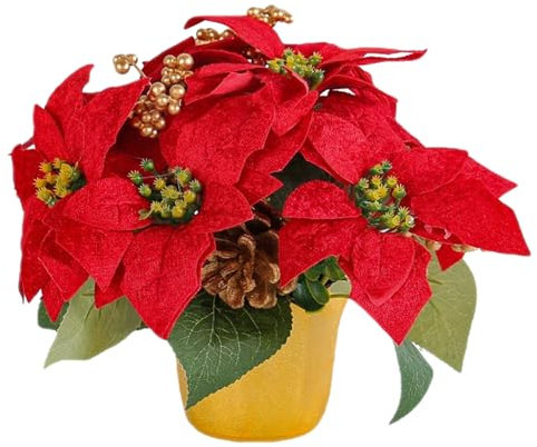 Poinsettia fleurs artificielles en pot doré 7 têtes fleurs de Noël rouges 11x7,9 pouces de table réelle de la table artificielle artificielle pour la maison de jardin de bureau, poinsettias fleurs ar