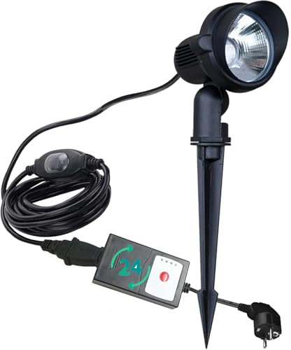 FSLiving - Proyector LED de 5 W con temporizador, 3000 K blanco cálido, con estaca de tierra, impermeable IP65, blanco frío, para iluminación de piscina, patio trasero, garaje, pasillo, negro