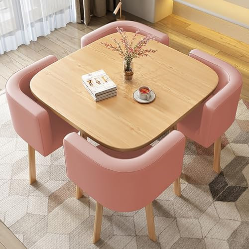 Modernes quadratisches Esstisch-Set für 4 Büros, Empfangsräume, Club-Tisch, kompakter Küchentisch und 4 Stühle, rosa Essgruppe für kleine Räume, Café, Schönheitssalon, Freizeittisch