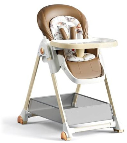 Doraystar PU-Leder Hochstuhl Baby, Kinderhochstuhl Klappbarer 6 Höhen 3 Liegepositionen, Multifunktional Baby Essen Stuhl mit Liegefunktion, Abnehmbaren Doppeltabletts und Rädern (808 Khaki)