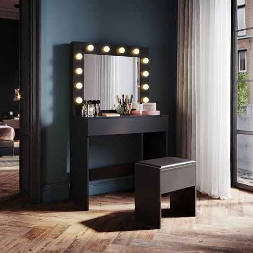 SONNI Schminktisch mit Hocker, beleuchteten Spiegel, Schubladen, Kosmetiktisch mit 12 Lichtern, 10 Einstellbarer Helligkeit, 3 Farben, Frisiertisch Kommode für Schlafzimmer, Schwarz, 80x40x140cm.