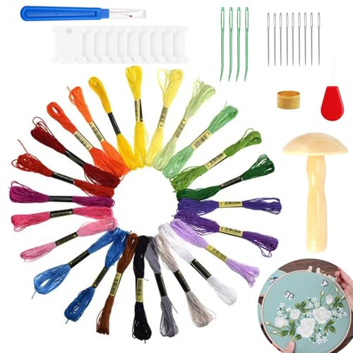 Darning Kit Wooden, 37pcs Wood Darning Mushroom Set | with 13PCS Darning Needle and 24 Colors Sewing Thread for DIY Sewing Wool Socks Clothes Home DIY Hand Sewing Crafts