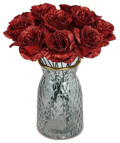Rose glitterate, 30 rose rosse finte glitterate, bouquet di rose artificiali con steli, per fai da te, bouquet di nozze, feste, decorazione della casa (rosso)