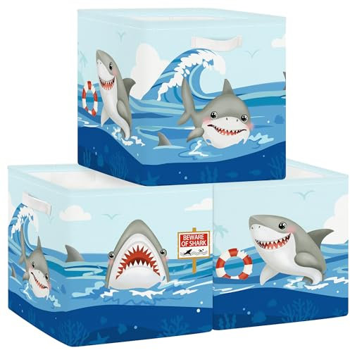 Clastyle Set di 3 Scatole Portaoggetti Animali Oceano Cubo di Stoccaggio per Armadio Vestiti Cesto Scaffali per Bambini Scrigno dei Giocattoli e Libri per Scuola Materna, Squalo, 30x30x30 cm