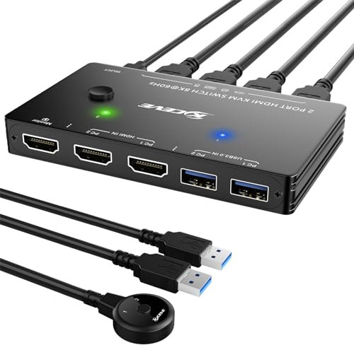 KVM Switch 8K@60Hz 4K@120Hz, ESKEVE HDMI KVM Switch für 2 Computer, die sich 1 Monitore und 3 USB3.0-Geräte teilen, kabelgebundene Fernbedienung und USB-Kabel im Lieferumfang enthalten
