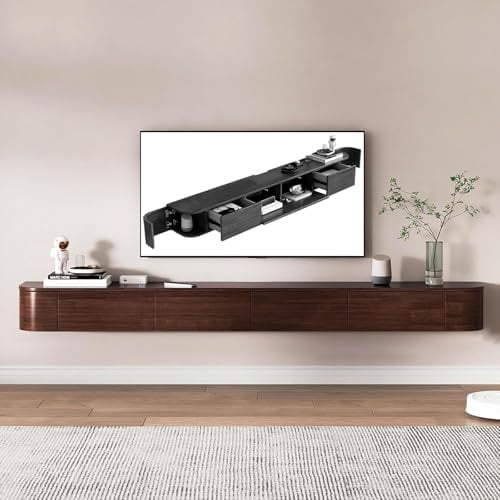 Kchsdool Floating TV Unit with LED Lights, Wall-Mounted TV Cabinet, Media Wall Unit with Storage, Entertainment Unit for Living Room, Modern Floating TV Stand with Drawers and Shelves (Walnut, 180CM)