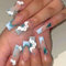 24pcs Long Press on Nails French Tip False Nails Blue Edge Nude Pink Fake Nails White Flower Green Rhinestone Stick on Nails Removable Glue-on Acrylic Nail Tips Accessories for Women