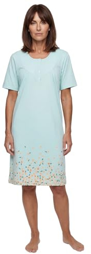 Zeitlos Nachthemd Damen Kurzarm Greta mit Blumen am Saum M-2XL Schlafshirt kleine Knopfleiste mit Raffung an der Brust, Farbe:Mint, Größe:XL