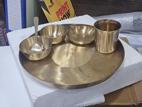 KLEO Kansa Dinner Set–Bronze Thali Set of 6 | 1 Plate, 2 Bowls, 1 Glass, 1 Spoon & 1 Sweet Dish Plate | Bronze Utensils Set for Authentic Indian Dining Colletion, Metal Dinnerware