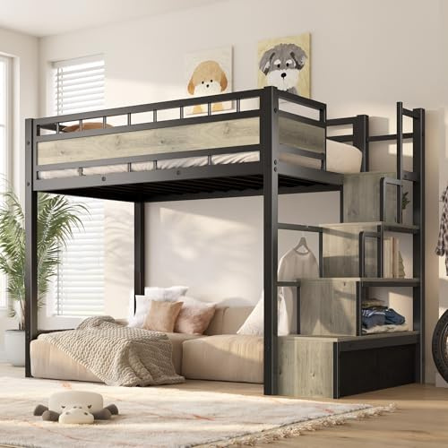 SogesSleep Twin Loft Bed with Stairs, Heavy Duty Metal with Storage, Black