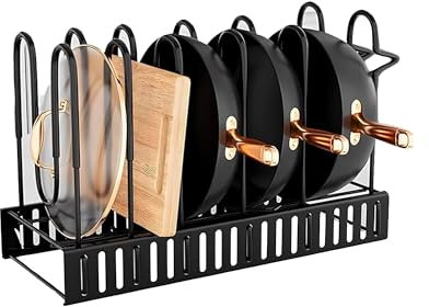 Amig - Organizador para Sartenes - 6 Compartimentos Ajustables - Acero Negro - Almacenamiento de Cocina para Tapas de Ollas y Sartenes - Medidas: 20 x 24 x 30 cm
