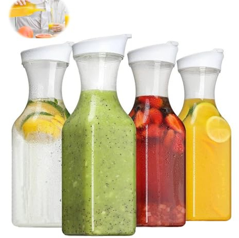 Pichet à Jus, 4 Carafes à Eau de 1L, avec Couvercles, Pichets à Jus en plastiques, Transparent Bouteilles de jus en Plastique Carafe à eau Froide, Carafes à eau en plastique, pour Maison, Bar(Carré)