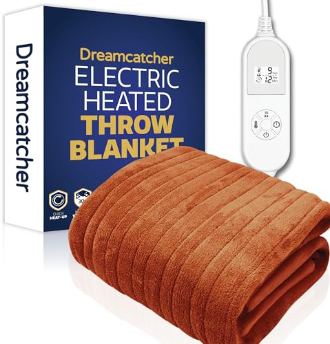 Dreamcatcher Heated Throw Blanket, 9 Heat Settings, 12HR Timer, Terracota | Soft 160 x 120cm microfleece heated throw with 9 heat settings, 12-hour timer, detachable controller and 2m cable.
