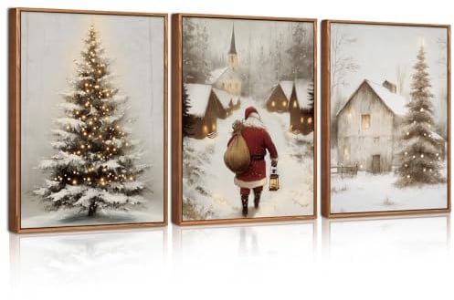 ANHUIB 3er Weihnachten Premium Poster Set Vintage Weihnachtsmann Weihnachtsbaum Winterlandschaft Wandbilder Kunstdrucke Leinwand Bilder Wohnzimmer Schlafzimmer Weihnachtsbilder mit Rahmen (30x40cm)