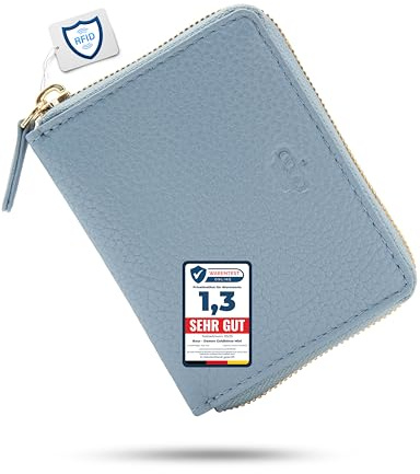 Baur – Kleine Damen Geldbörse Leder (Gold Reißverschluss, Tauben-Blau) | Kleines Portemonnaie, RFID-Schutz, 6 Kartenfächer, goldener Rundumreißverschluss aus Metall, geprägtes Rindsleder