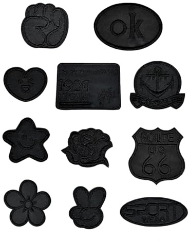 HUVZOR 11pcs Aufnäher zum Aufbügeln, schwarz bestickte Applikationen, Sticker, bestickter Stoff, zum Aufbügeln oder Aufnähen auf Kleidung, Hut, Jeans