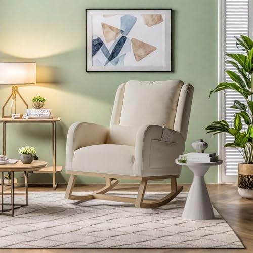 HFASD Schaukelstuhl Stillsessel Schaukelsessel, Gepolsterter Stillstuhl Mit Holzbeine, Lendenkissen Und 2 Seitentaschen, Relaxsessel Lesesessel Für Wohnzimmer Schlafzimmer Balkon, Leinen (Beige)