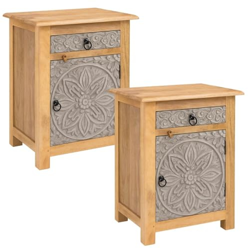 Marrakesch 2er Set Skandi Holz Nachttisch Ferial Grau Braun 70cm Hoch | Boho Vintage Nachtkommode orientalisch handverziert | Nachtschrank auch für Boxspringbett | Asiatische Möbel aus Indien