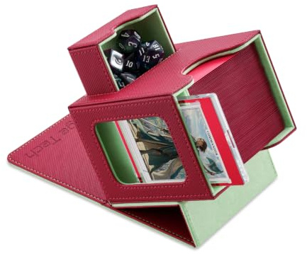 Mage Tech Card Deck Box for MTG Commander - Patented Design, Commander Display, As Deck Holder, Fits 100 Double-Sleeved Cards, Include 35pt Card Brick & Dice Tray - Red/Green