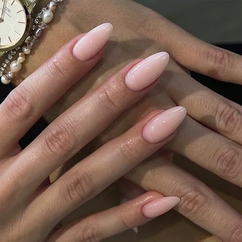 24Pcs Solid Nude Press on Nails Short Oval Nude Fake Nails and Designs False Nails Full Cover Glossy for Women Daily Wear Manicure Decoration