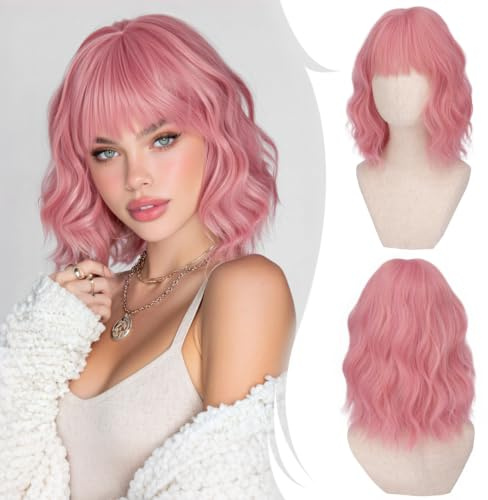 RUWISS Kurze Gewellt Bob Perücke mit Pony Damen Rosa 35 cm Synthetische Lockige Haare Perücken für Cosplay Tägliche Party Halloween