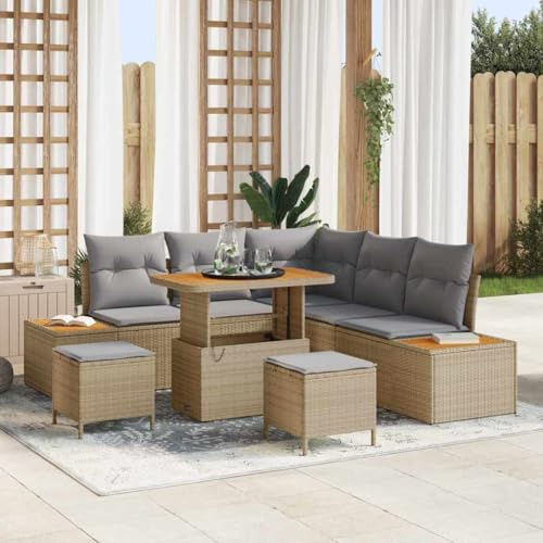 YuuSsea Garten-Sofa-Set mit Kissen, 8-teilig, Beige Poly Rattan, Essgruppe für 8 Personen, Outdoor Möbel, Terrassenmöbel