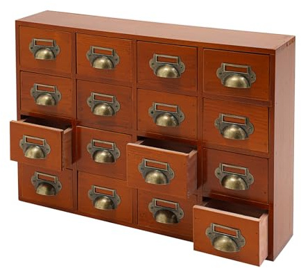 Repomanda, 16-Schubladen Schrank Vintage Apothekerschrank, Holz Schreibtisch Organizer 50x10x35cm, Massivholz Tragkraft 10kg, Für Kosmetik Schmuck Büro Kräuter Aufbewahrung, Braun