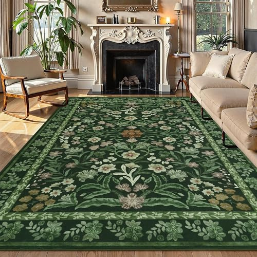 Edlbaegy Teppich Wohnzimmer Grün 160x230cm Waschbarer Teppich Blumenmuster Rutschfester Teppiche Schlafzimmer Vintage Wohnzimmerteppich für Esszimmer Büro Küche Spielzimmer