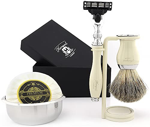 Haryali London Shaving Kit 5 Pc Manual Shaving Set for Men Precision with Style 3 Edge Shaving Razor, Super Badger Shaving Brush,Soap,Bowl,Stand.