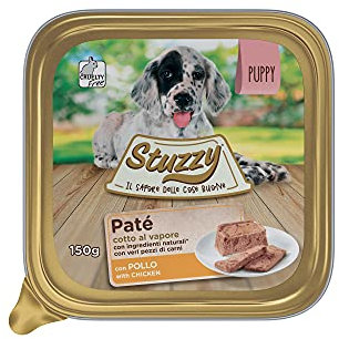 Stuzzy Mister, Comida húmeda para Cachorros, Sabor Pollo, paté y Carne en trozos - Total 3,3 kg (22 tarrinas x 150 gr)