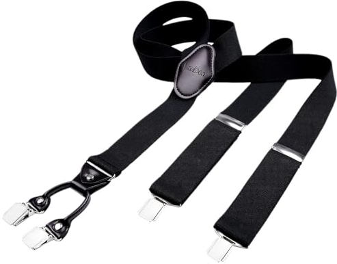 DonDon Hosenträger Herren extra stark schwarz 3,5 cm Hosenträger Herren breit mit brauem Leder in Y-Form lang - Starke Clips passend für Anzug Jeans Chinos Vintage Rockabilly Suspenders