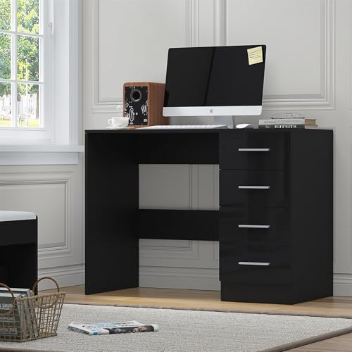 Reflect 4 Drawer Desk/Dressing Table | Black Gloss & Black Oak | Modern Bedroom Storage for Vanity, Work or Study | H: 72cm x W: 99cm x D: 39.5cm